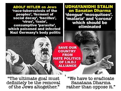 भाजपा ने कहाकि 'हिटलर ने जिस तरह से यहूदियों के बारे में बताया था, उसमें और उदयनिधि स्टालिन के सनातन धर्म के खिलाफ दिए बयान में कई समानताएं हैं।