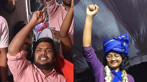 जेएनयू छात्रसंघ चुनाव के नव-निर्वाचित अध्यक्ष धनंजय और जनरल सेक्रेटरी प्रियांशी आर्या.