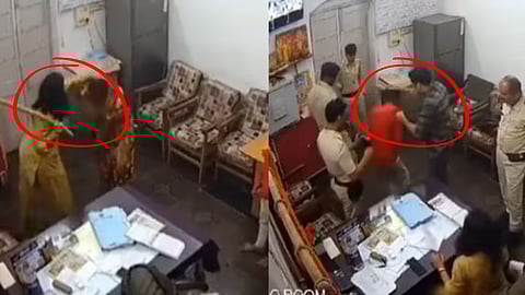 थाने में दलित महिला और उसके बेटे की पिटाई करते पुलिसकर्मी
