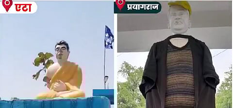 बुद्ध की प्रतिमा को एटा में तोड़ दिया गया (L) प्रयागराज में बाबा साहब की मूर्ति पर काला कपड़ा डाला और उसकी आंखें फोड़ दीं.