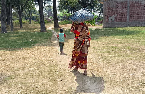 Sursati Devi carrying fodder for buffaloes from the field towards home, accompanied by her granddaughter Pratibha