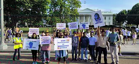 The Indian-American protestors united to condemn the ongoing mass violence and call upon global leaders to take a stance.