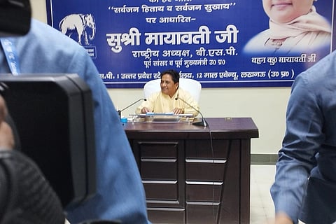 Mayawati addressing the gathering at the party headquarters.