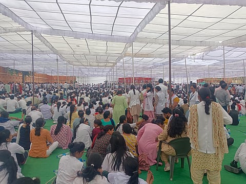 Protesting nurses at Ramlila Maidan at Jaipur on Friday