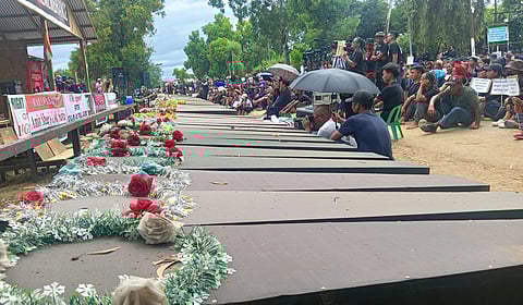 'Wall of Remembers' made in front of DC office, in Kuki dominated area Churachandpur. Dozens of coffins have been kept here in the name of those killed during the violence.