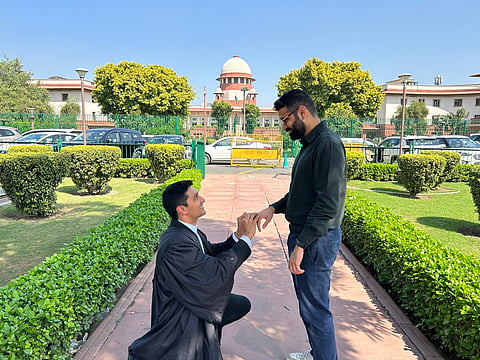 PhD student Ananya Kotia and his partner lawyer Utkarsh Saxena who have been fighting for the legalization of same-sex marriage, got engaged in front of the Indian Supreme Court on October 18.