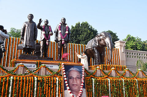 Ex-CM Mayawati during Kanshi Ram's Pparinirvan Diwas programme at BSP Central Camp office in Lucknow.