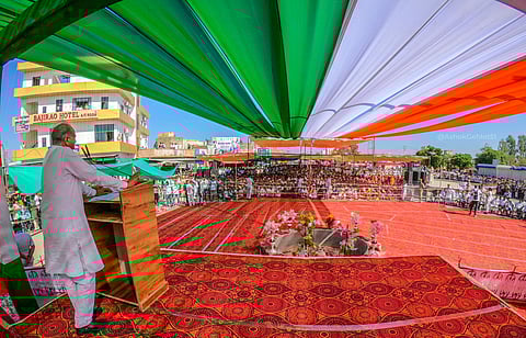 CM Ashok Gehlot addressing a rally in Bhopalgarh on Saturday afternoon.