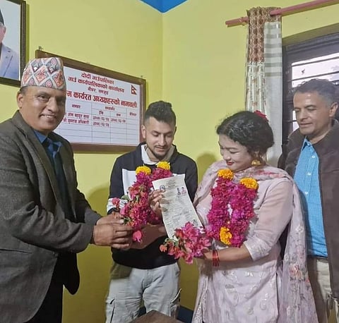 The successful registration of the marriage between Ram Bahadur Gurung and Surendra Pandey in Dordi Rural Municipality, Lamjung, was made possible with the assistance of home ministry officials.