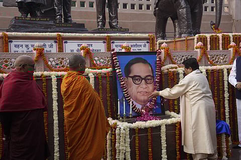 BSP Supremo Mayawati paid floral tributes to Baba Saheb at the party headquarters in Lucknow.