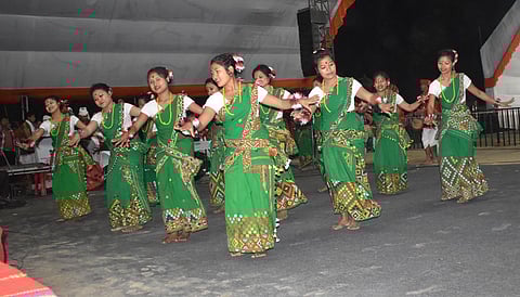 Girls of Mising community dancing on the occasion of Ali-aye Ligang.
