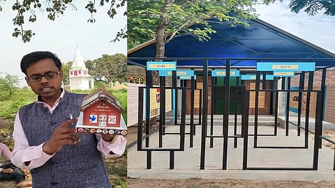Kuldeep Baudh (L) with the replica of Constitution Home and the entrance of the Constitution Museum (R)