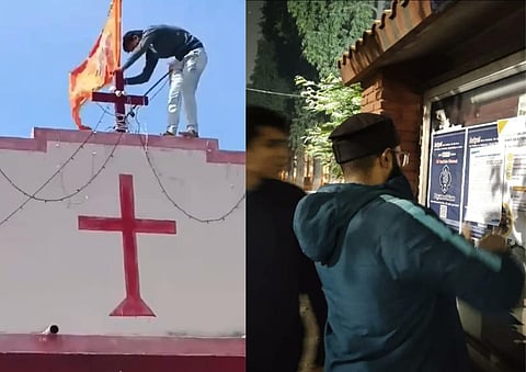 (Left) Saffron flag being placed at a church in Jhabua, Madhya Pradesh, (Right) A poster being put up at JMI in remembrance of Babri Masjid
