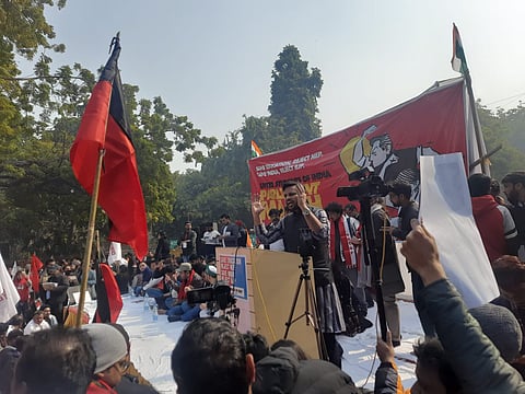 Student leaders delivering speeches at Jantar Mantar