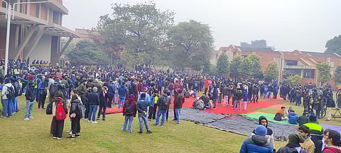 Protesting students at IIT-Kanpur on Friday.