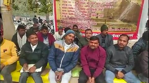 The employees protesting at Kanshiram Eco Garden, Lucknow.
