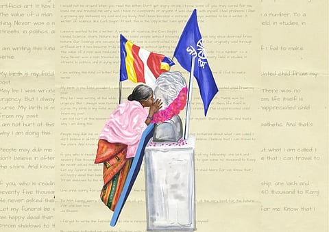 Illustration of Radhika Vemula embracing Rohith's statue