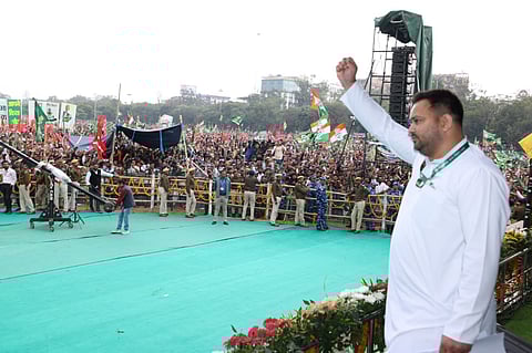 The Jan Vishwas rally marked the end of Tejashwi’s 10-day Jan Vishwas Yatra (march), which began on February 20, a few weeks after CM Kumar resigned from the Mahagathbandhan and rejoined the NDA.