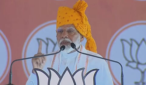 Prime Minister Narendra Modi addresses an election rally in Rajasthan’s Banswara on April 21, 2024.