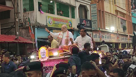Amit Shah and Himanta Biswa Sarma at a roadshow in Silchar