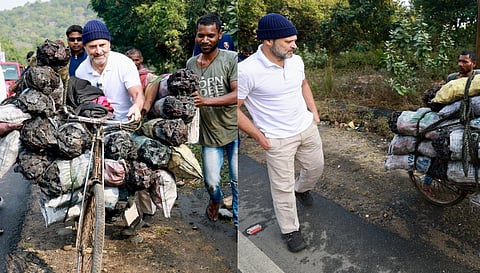 Congress MP Rahul Gandhi interacting with a coal worker in Jharkhand during Bharat Jodo Nyay Yatra