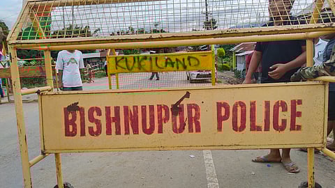 Checkpoint manned by security personnel on the road to Kuki-dominated Churachandpur district