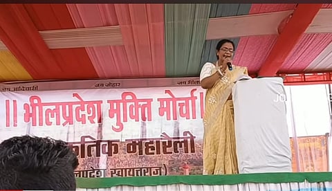 Speaking at the Mangarh Rally on July 18, senior teacher Menaka Damor encouraged women and girls to focus on education, quoting Baba Saheb Ambedkar, "Education is like a lioness’s milk; whoever drinks it will roar."