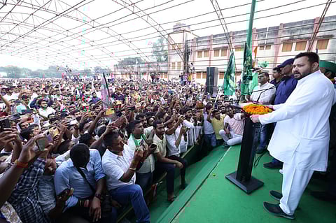 Tejashwi Yadav addressed a huge rally organised in support of RJD candidate Suresh Paswan from Deoghar Assembly constituency.