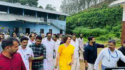 Priyanka Gandhi visited the GMLP School polling booth in Puthupadi Panchayat, Thiruvambadi, energizing voters, officials, and volunteers.