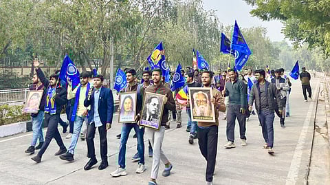 Students took out a march at BabasahebBhimrao Ambedkar University, Lucknow.