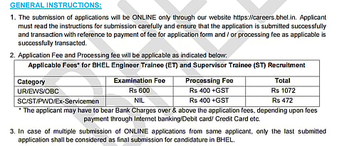 BHEL's advertisement states "Examination Fees: ₹0" for SC/ST candidates, the adjacent column specifies a processing fee of ₹472.