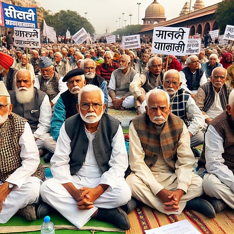 The pensioners are demanding the release of pending retirement benefits, including arrears as per the Seventh Pay Commission, gratuity, commutation, and relief allowances.