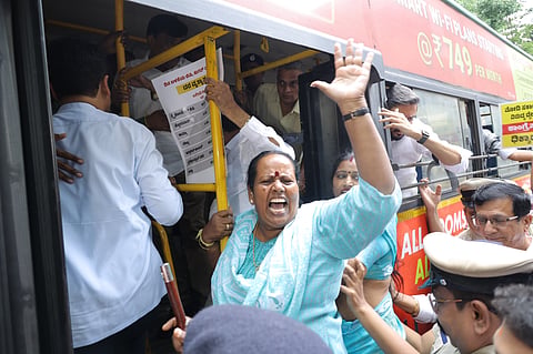 The police have detained the BJP leaders for staging the protest on the premises of the hospital and taken them to an undisclosed location in a bus.