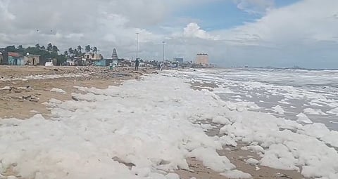 A stretch of about one kilometer of coastline from Pattinappakkam to Srinivasapuram has been covered in white toxic foam.