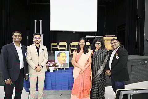 Research team with Dr. Ambedkar while releasing the caste study report in Dalit History Month Celebration.