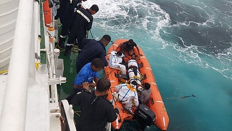 Indian Coast Guard Rescues A Crew Of Nine From A Sinking Vessel Off Cinque Island