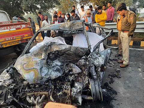 Two Burnt Alive As Car Catches Fire After Collision With Tractor On Yamuna Expressway In Mathura
