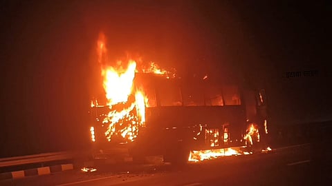 Tourist Bus Going To Nepal Gutted After Catching Fire On Agra-Lucknow Expressway
