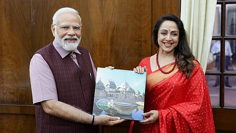 Hema Malini Meets Modi, Gives Him The First Copy Of The Coffee Table Book Chal Mann Vrindavan