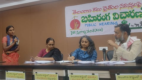 Manjula (far left), a tenant farmer in Telangana in conversation with writer Sajaya and farmers rights activists Kavitha Kuruganti and Yogendra Yadav.