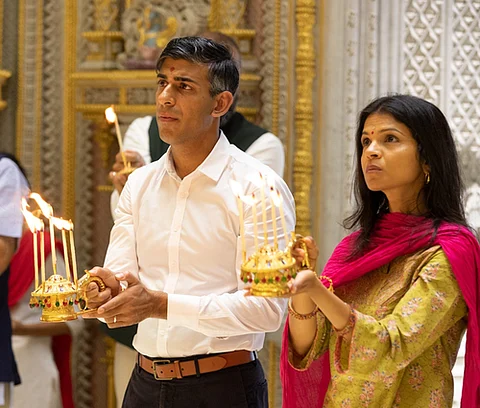 UK Prime Minister Rishi Sunak and wife Akshata Murty at the Akshardham Temple in Delhi