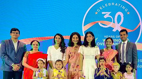 From Left to Right: Dr Venkateswaran VS, Dr Ramya U, Actor Priya Bhavani Shankar, Dr Preetha Reddy, Executive Vice Chairperson, Apollo Hospitals, Dr Revathi Raj, Senior Consultant, Pediatric Hematology Mr Harshad Reddy, Director, Group Oncology & International, Apollo Hospitals were seen along with the paediatric cancer winners during the 30th anniversary celebration of Apollo Cancer Centre, Chennai.