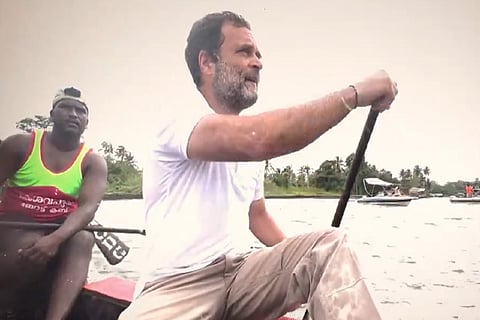 Rahul Gandhi rowing a boat during Bharat Jodo Yatra