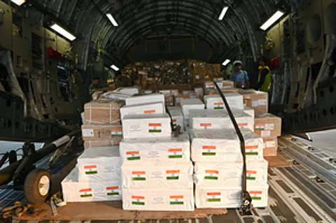 Medical aid and disaster relief material in an Indian Air Force flight.