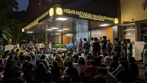 Students gather in protest outside the administrative block at EFLU, Hyderabad.
