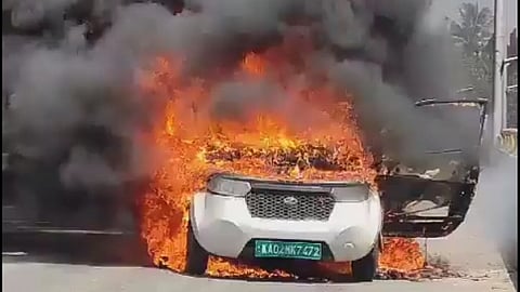 Screengrab from the video showing the car in flames