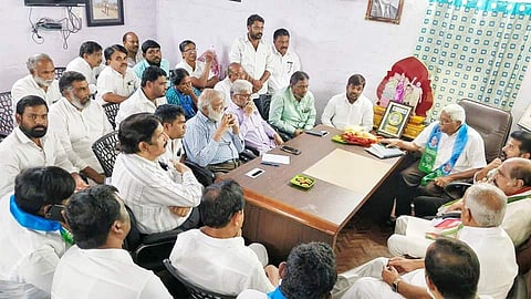 TJS president M Kodandaram with party leaders at their office in Hyderabad