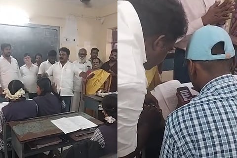 DMK MLA Prabhakar Raja interacting with government school students and obtaining signatures