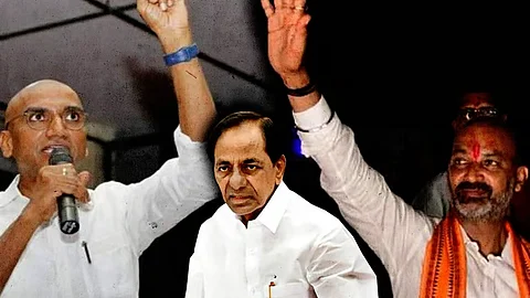 (From left) RS Praveen Kumar, KCR, and Bandi Sanjay