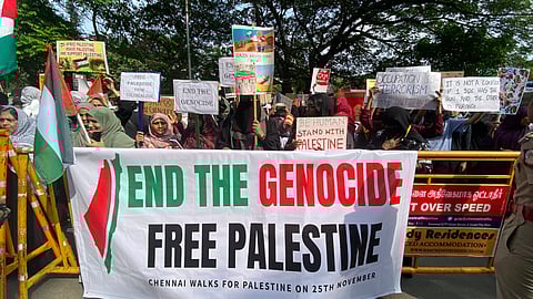 Protestors at the rally in Chennai to express solidarity with Palestine